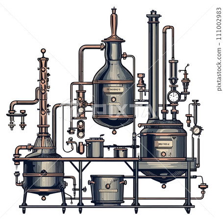 AI-generated content. Retro distiller scheme engraving. Whisky making alcohol alembic vintage etching, gin distillation process equipment, brandy distillery copper still 111002983
