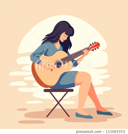 Vector flat illustration of a cute girl playing the guitar at sunset in warm colors. Hobbies and pleasant pastime. Work as a musician. Vector flat illustration of a cute girl playing the guitar at sunset in warm colors. Hobbies and pleasant pastime. Work as a musician. 111003353