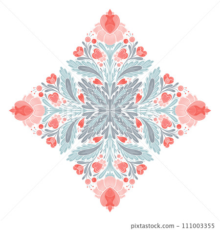 Vector gentle floral kaleidoscope illustration for Valentines day. Decorative folk art clip art with geometric symmetrical pink flowers, hearts Vector gentle floral kaleidoscope illustration for Valentines day. Decorative folk art clip art with geometric symmetrical pink flowers, hearts 111003355