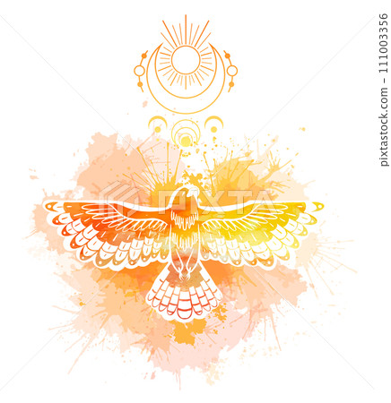 Vector mystical illustration of a bird with yellow watercolor splatters and moon symbols on a white background. Silhouette of phoenix with dye sprays. Vector mystical illustration of a bird with yellow watercolor splatters and moon symbols on a white background. Silhouette of phoenix with dye sprays. 111003356