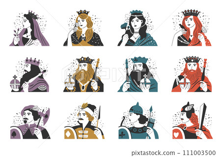 Vector collection of playing cards. King, queen, jack of different suits Vector collection of playing cards. King, queen, jack of different suits 111003500