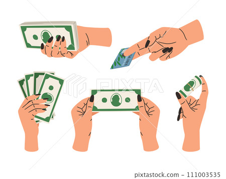 Hands holding money. Set of arms with banknotes, bank card 111003535