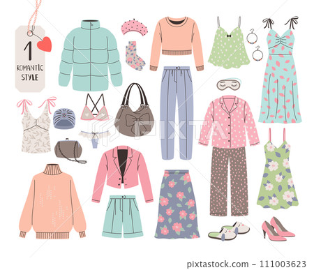 Collection of women clothing and accessories in a romantic style Collection of women clothing and accessories in a romantic style 111003623
