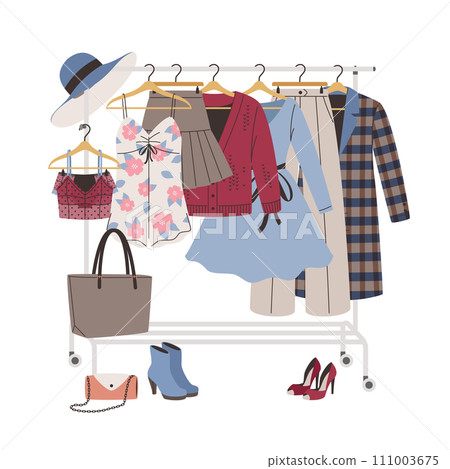 Clothes hanger with a set of fashion women clothing and accessories in a classic style Clothes hanger with a set of fashion women clothing and accessories in a classic style 111003675