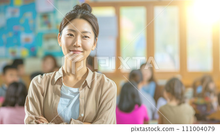 A teacher who enthusiastically leads lively classroom discussions. An image of a kind elementary school teacher. AI image 111004079