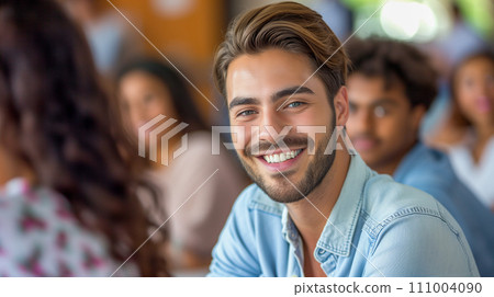 一位熱情地引導課堂討論的老師。一個和藹可親的小學老師的形象。人工智慧影像 一位熱情地引導課堂討論的老師。一個和藹可親的小學老師的形象。人工智慧影像 111004090