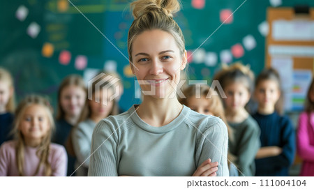 一位熱情地引導課堂討論的老師。一個和藹可親的小學老師的形象。人工智慧影像 一位熱情地引導課堂討論的老師。一個和藹可親的小學老師的形象。人工智慧影像 111004104