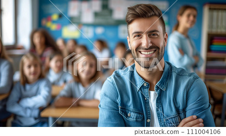 一位熱情地引導課堂討論的老師。一個和藹可親的小學老師的形象。人工智慧影像 一位熱情地引導課堂討論的老師。一個和藹可親的小學老師的形象。人工智慧影像 111004106