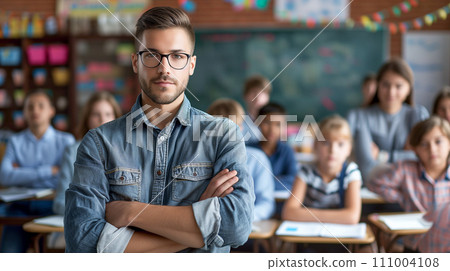 一位熱情地引導課堂討論的老師。一個和藹可親的小學老師的形象。人工智慧影像 一位熱情地引導課堂討論的老師。一個和藹可親的小學老師的形象。人工智慧影像 111004108