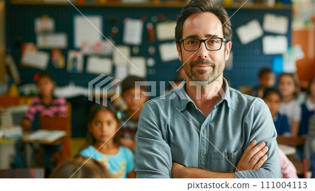 A teacher who enthusiastically leads lively classroom discussions. An image of a kind elementary school teacher. AI image 111004113