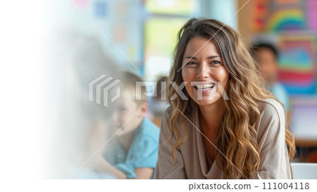 一位熱情地引導課堂討論的老師。一個和藹可親的小學老師的形象。人工智慧影像 一位熱情地引導課堂討論的老師。一個和藹可親的小學老師的形象。人工智慧影像 111004118