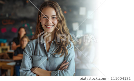 一位熱情地引導課堂討論的老師。一個和藹可親的小學老師的形象。人工智慧影像 一位熱情地引導課堂討論的老師。一個和藹可親的小學老師的形象。人工智慧影像 111004121