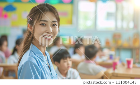 A teacher who enthusiastically leads lively classroom discussions. An image of a kind elementary school teacher. AI image A teacher who enthusiastically leads lively classroom discussions. An image of a kind elementary school teacher. AI image 111004145