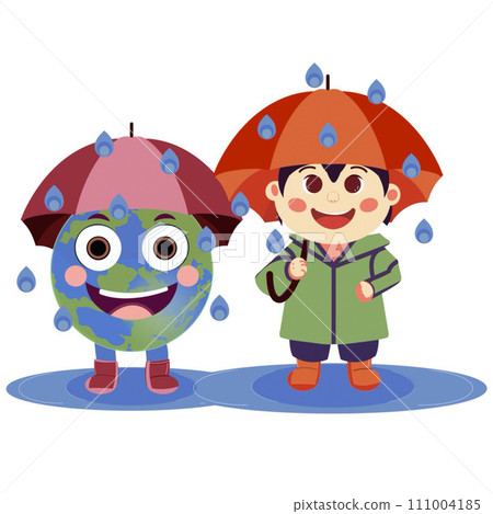 An illustration of planet Earth and a boy laughing with an umbrella in the rain. An illustration of planet Earth and a boy laughing with an umbrella in the rain. 111004185