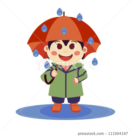 Illustration of a child playing and laughing in the rain. 111004197