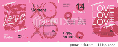 Valentine day modern banner with trendy minimalist typography design. Poster templates with female lips kiss print, love and abstract geometric shapes and text elements on pink. Vector illustration. Valentine day modern banner with trendy minimalist typography design. Poster templates with female lips kiss print, love and abstract geometric shapes and text elements on pink. Vector illustration. 111004222