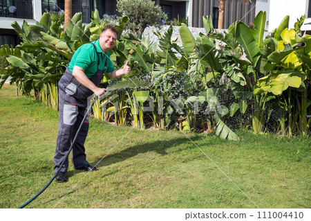 Male gardener drinks water from a hose to water the lawn 111004410