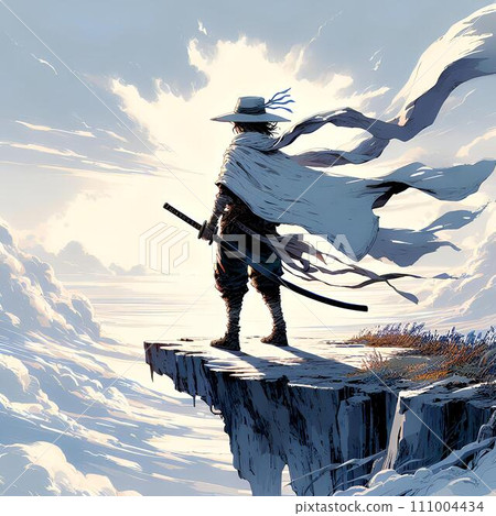 Illustration of a male character equipped with a sword standing on a cliff Illustration of a male character equipped with a sword standing on a cliff 111004434