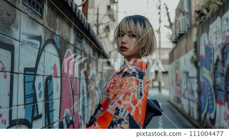 一個穿著和服的女人走在後巷(AI 生成) 一個穿著和服的女人走在後巷(AI 生成) 111004477
