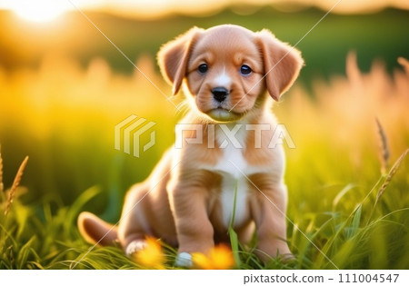 Beautiful puppy sitting on the grass. 111004547