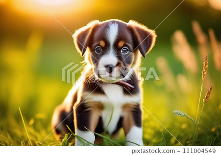Beautiful puppy sitting on the grass. 111004549
