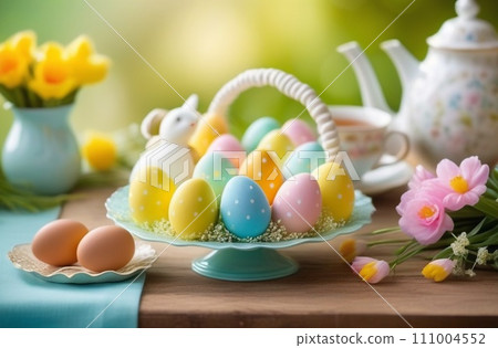 An Easter Tea Celebration: a Pink Flower, and a Easter Bunny Rabbit Pink Sugar Cookie on a Pastel Purple Background 111004552