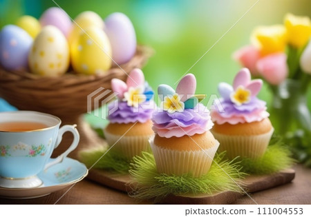 An Easter Tea Celebration: a Pink Flower, and a Easter Bunny Rabbit Pink Sugar Cookie on a Pastel Purple Background 111004553