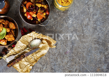 fried meat with bean and spice 111004618