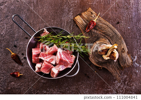 Raw organic meat ( beef or lamb ) in metal bowl 111004841