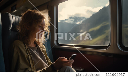 Generative AI Caucasian woman playing mobile phone in train. 111004937