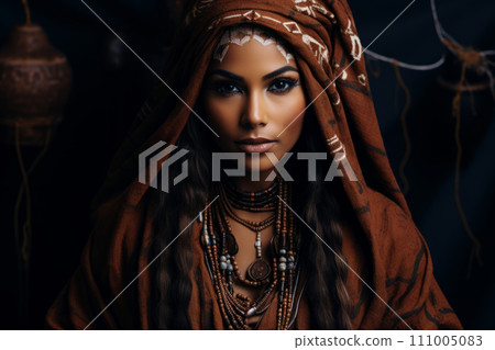 A mysterious, beautiful woman, dressed in tribal attire, exuding a strong cultural identity with intricate jewelry and piercing gaze. 111005083
