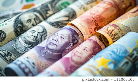 AI-generated content. Money rolls, currencies from different countries. Yuan and dollar banknotes, investment and economy AI-generated content. Money rolls, currencies from different countries. Yuan and dollar banknotes, investment and economy 111005103