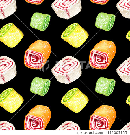 watercolor seamless pattern with green, orange and yellow rahat locum, multicolor Turkish Delight, oriental sweets, illustration of traditional Turkish sweets with coconut, hand drawn sketch 111005135