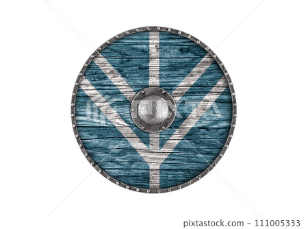 Old decorated wooden round shield isolated on white background 111005333