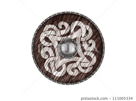 Old decorated wooden round shield isolated on white background 111005334