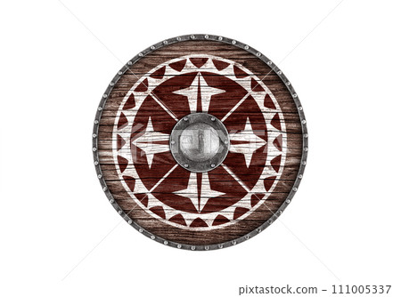 Old decorated wooden round shield isolated on white background 111005337