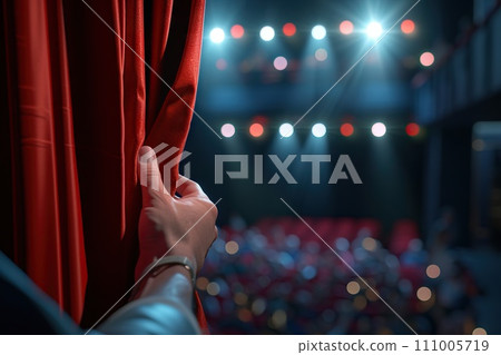 AI-generated content. Hand are opening the curtain of a stage. the show is about to begin. Generative AI AI-generated content. Hand are opening the curtain of a stage. the show is about to begin. Generative AI 111005719