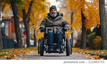 Man in Electronic Wheelchair Downtown Man in Electronic Wheelchair Downtown 111005753