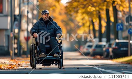 Man in Electronic Wheelchair Downtown 111005754