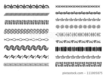 Set aztec tribal motive border in doodle hand drawn style from geometrical shapes isolated on white background. boho scandinavian srtoke, traditional native decor. 111005875