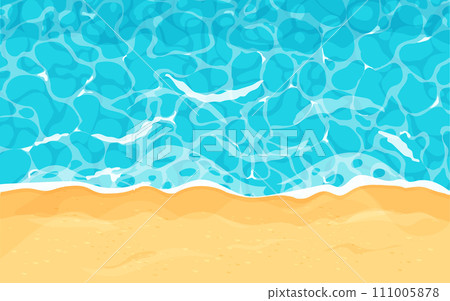 Beach with sand water ripple surface with sunlight reflections in cartoon style, game texture top view. Beach, ocean clean and deep water. Beach with sand water ripple surface with sunlight reflections in cartoon style, game texture top view. Beach, ocean clean and deep water. 111005878