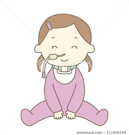 坐著接受醫療照護的女孩(NG管、人工鼻、項圈) 坐著接受醫療照護的女孩(NG管、人工鼻、項圈) 111006599