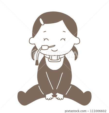 Sitting girl under medical care (NG tube, artificial nose, black and white) 111006602