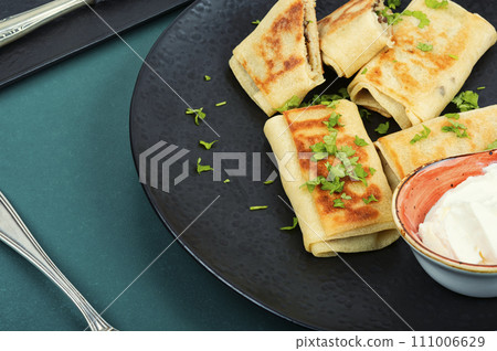 Thin pancakes with meat fillings. 111006629