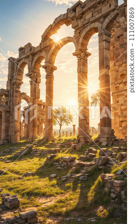 Majestic ruins of an ancient mysterious city at sunset. Architectural columns and arches in the sunlight. Ai-generated 111007869