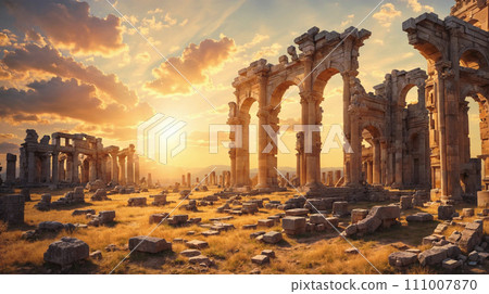 Majestic ruins of an ancient mysterious city at sunset. Architectural columns and arches in the sunlight. Ai-generated 111007870
