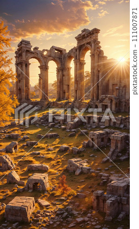 Majestic ruins of an ancient mysterious city at sunset. Architectural columns and arches in the sunlight. Ai-generated 111007871