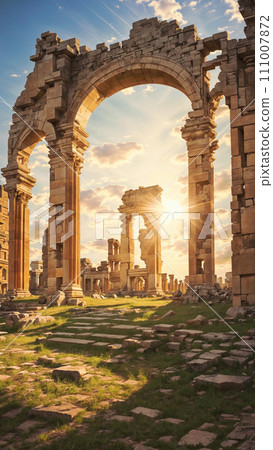 Majestic ruins of an ancient mysterious city at sunset. Architectural columns and arches in the sunlight. Ai-generated 111007872