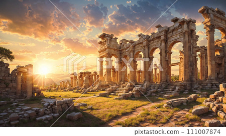 Majestic ruins of an ancient mysterious city at sunset. Architectural columns and arches in the sunlight. Ai-generated 111007874