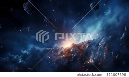 Cosmic Collision. Dazzling Dance of Galaxies Unveiling the Vast Splendor of the Universe. Theme of space and meteorites. Ai-generated 111007896